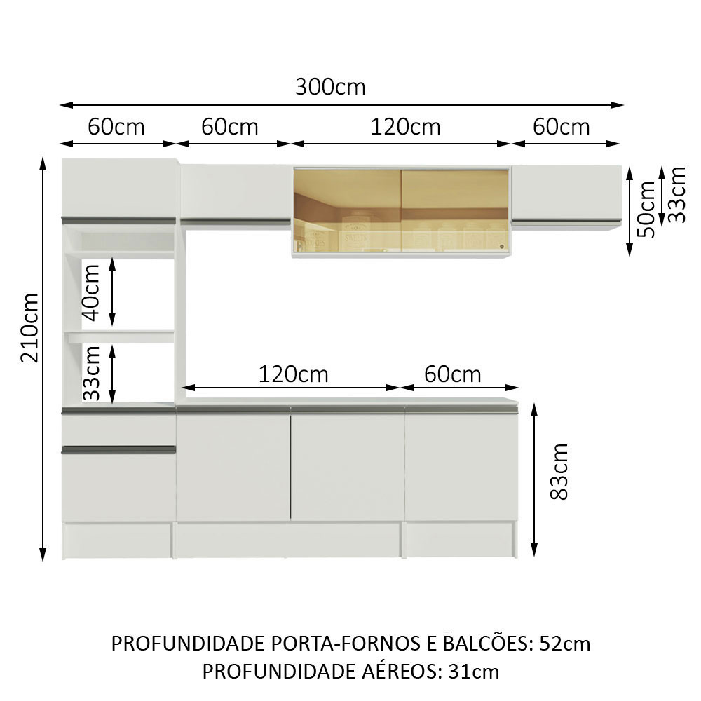 Armário de Cozinha Completa 300cm Branco Diamante Madesa 02