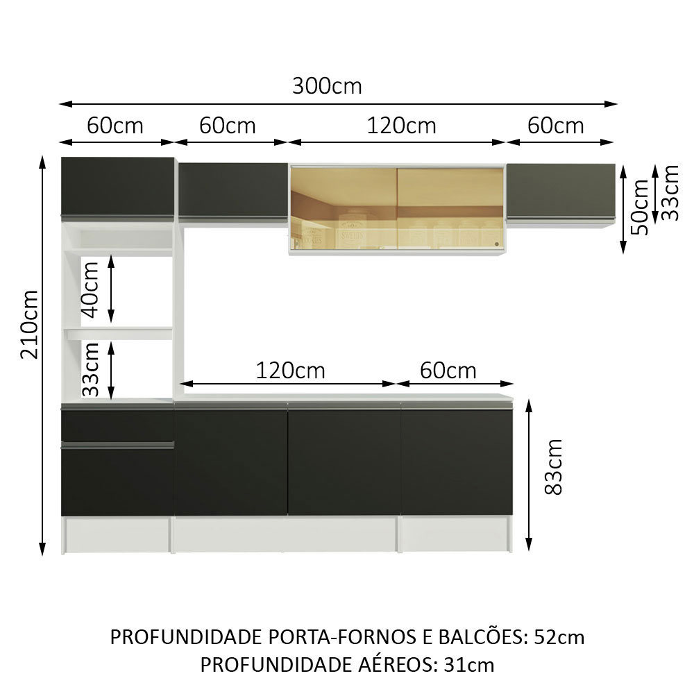 Armário de Cozinha Completa 300cm Branco/Preto Diamante Madesa 02