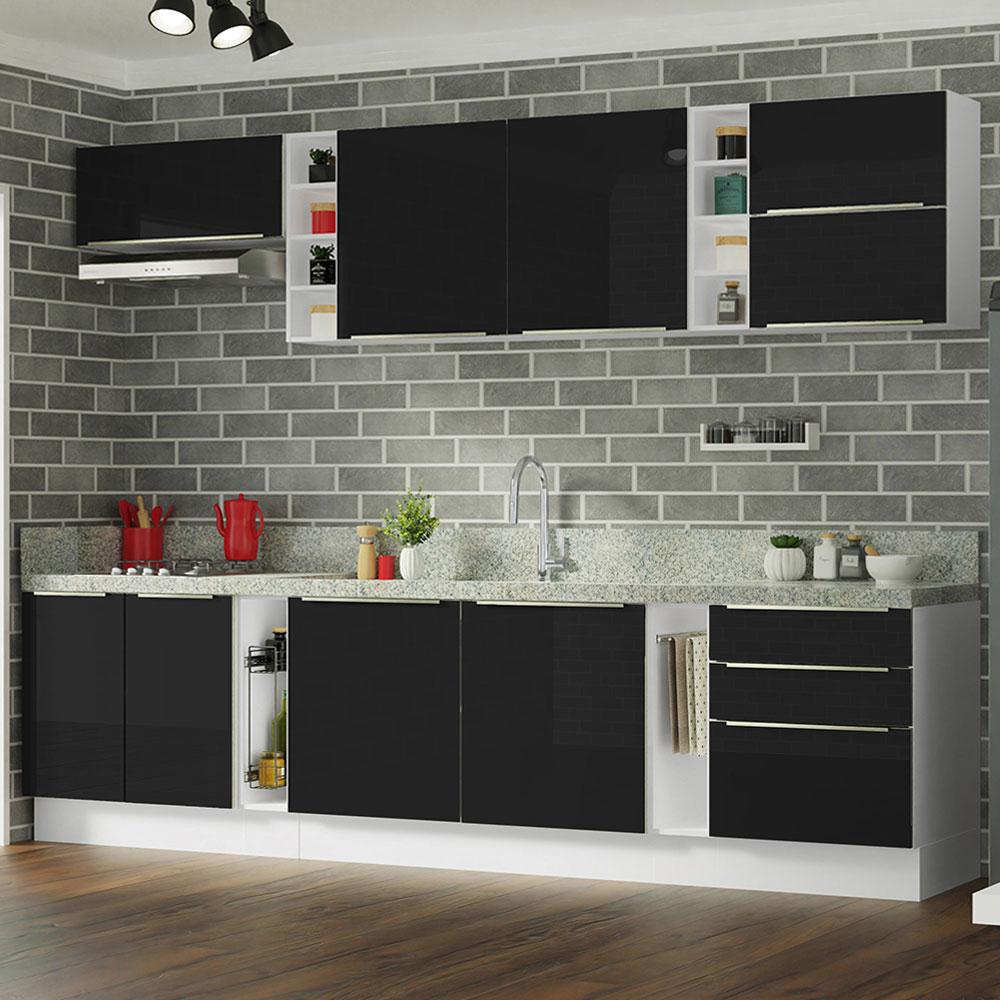 Armário de Cozinha Completa 300cm Branco/Preto Lux da Sabrina Madesa