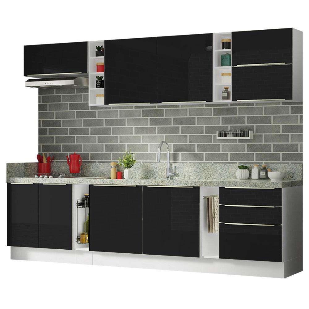 Armário de Cozinha Completa 300cm Branco/Preto Lux da Sabrina Madesa