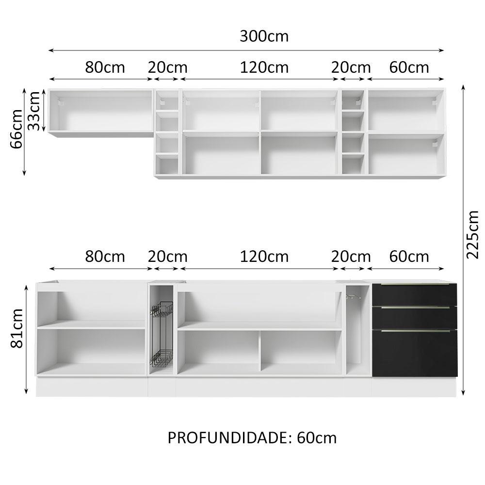 Armário de Cozinha Completa 300cm Branco/Preto Lux da Sabrina Madesa