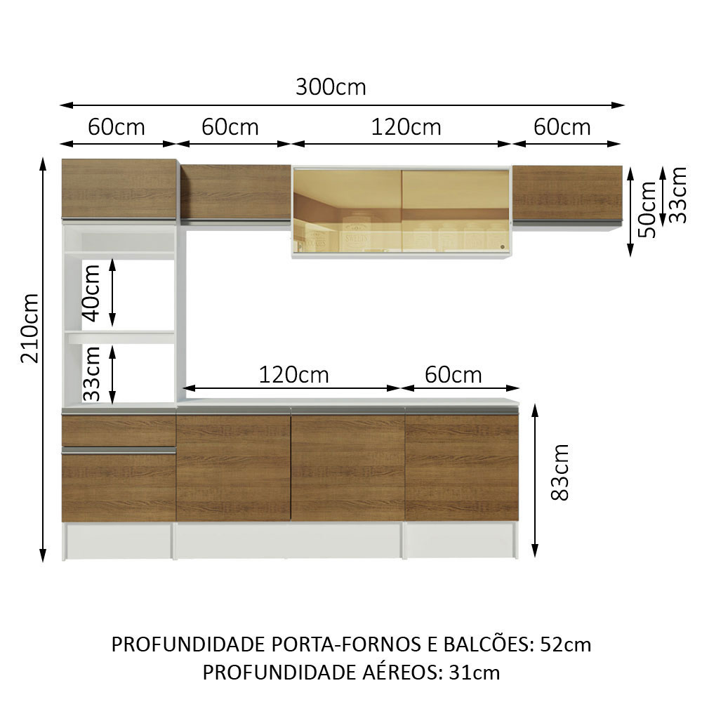 Armário de Cozinha Completa 300cm Branco/Rustic Diamante Madesa 02