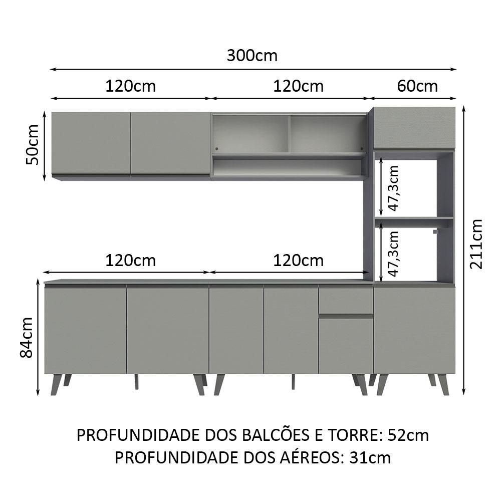 Armário de Cozinha Completa 300cm Cinza Nice Madesa 02