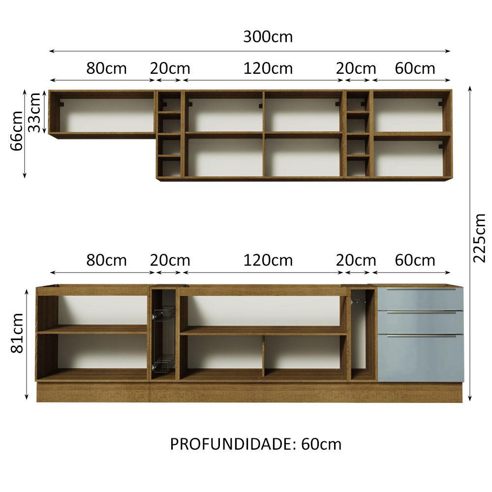 Armário de Cozinha Completa 300cm Rustic/Cinza Lux da Sabrina Madesa