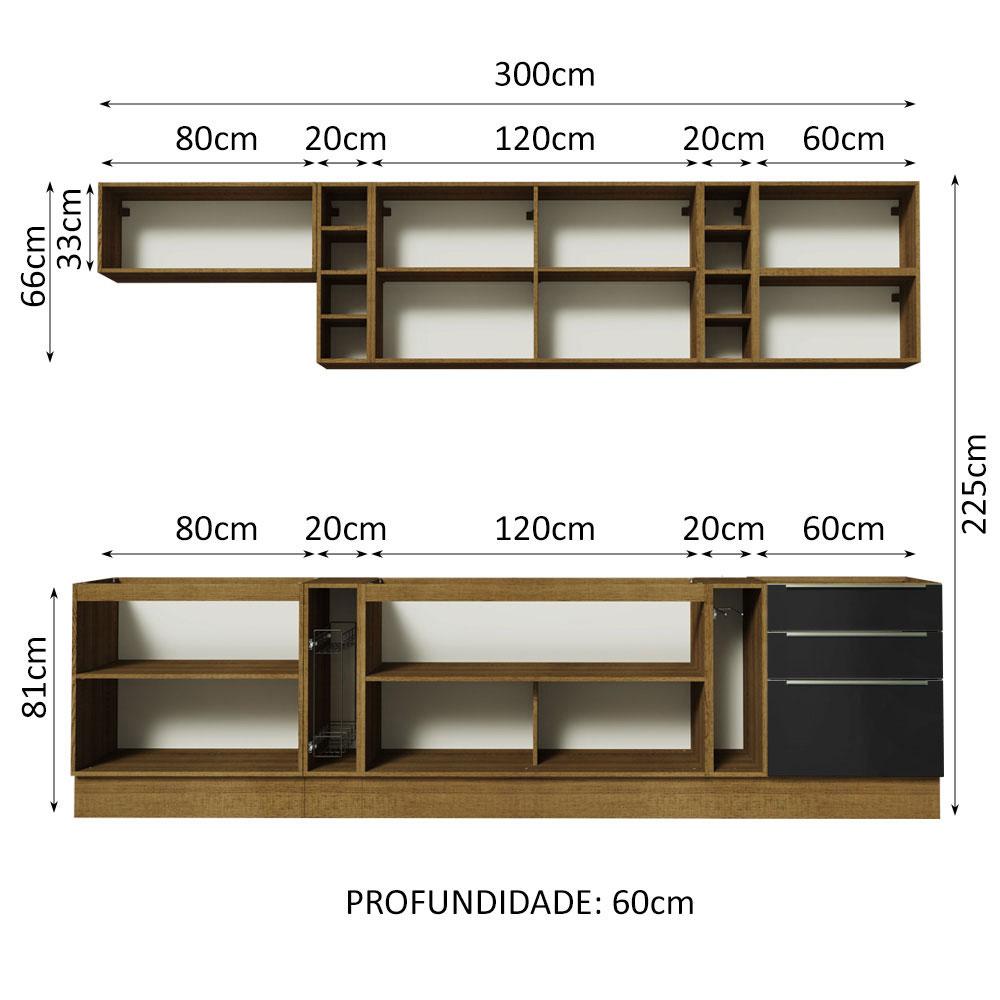 Armário de Cozinha Completa 300cm Rustic/Preto Lux da Sabrina Madesa
