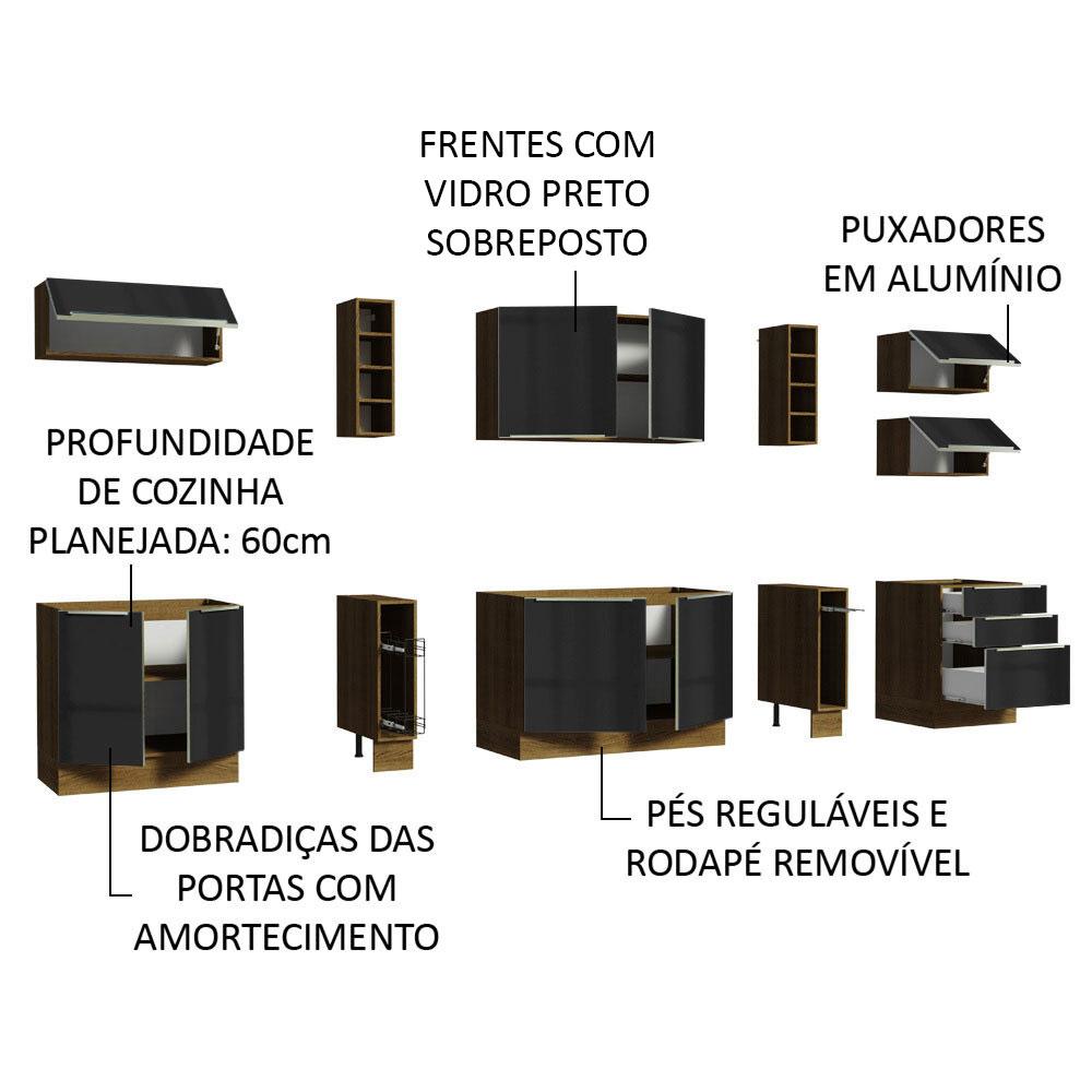 Armário de Cozinha Completa 300cm Rustic/Preto Lux da Sabrina Madesa