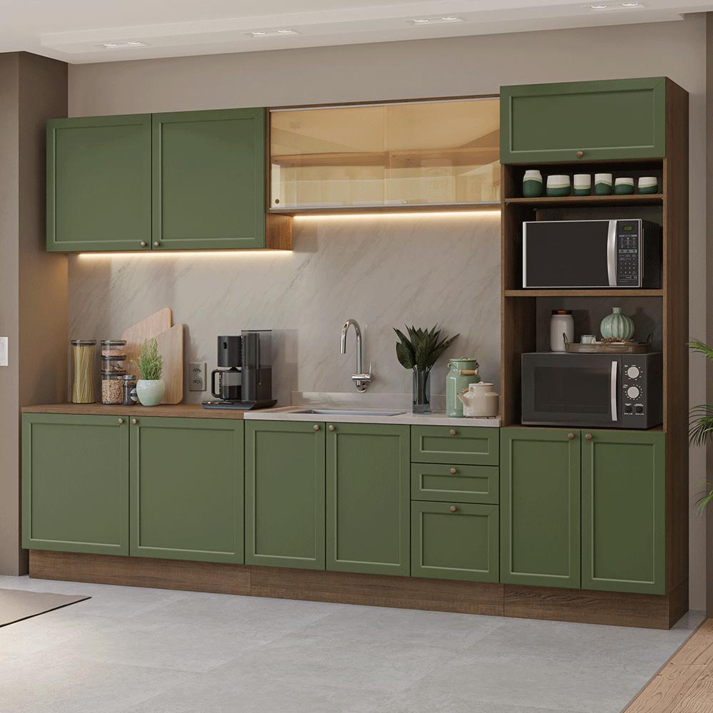 Armário de Cozinha Completa 310 cm Rustic/Verde Vik Madesa 01