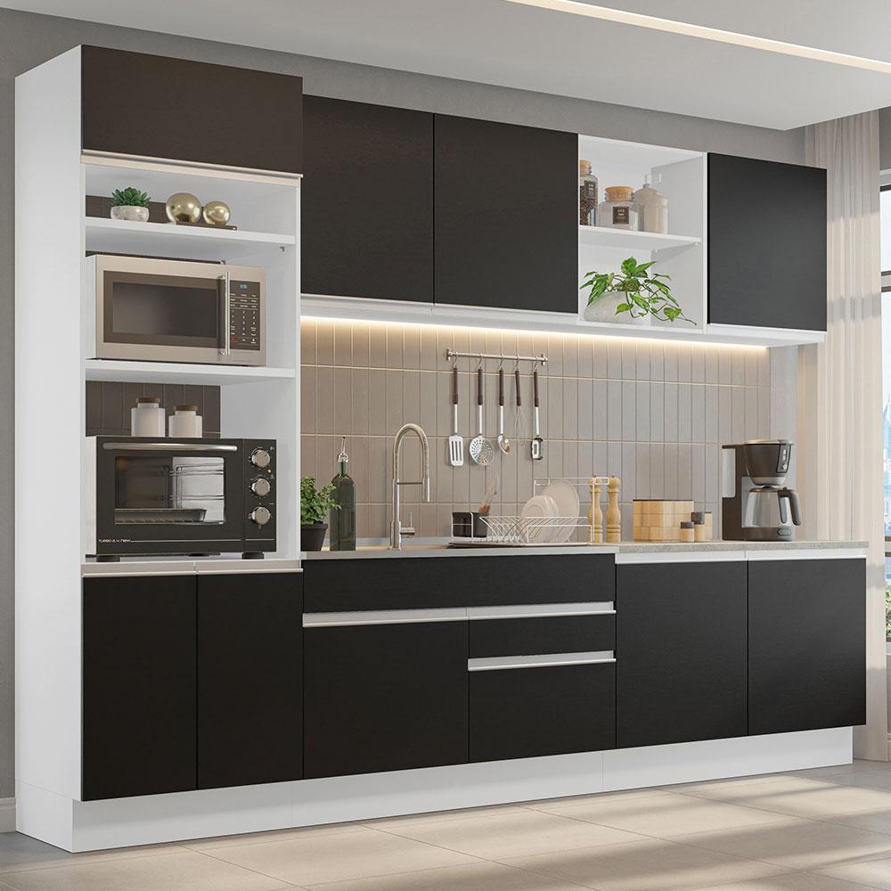 Armário de Cozinha Completa 310cm Branco/Preto Glamy Madesa 02