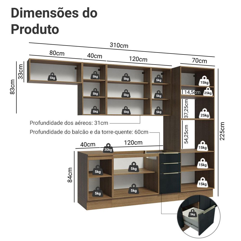 Armário de Cozinha Completa 310cm Rustic/Preto Lux Madesa 01