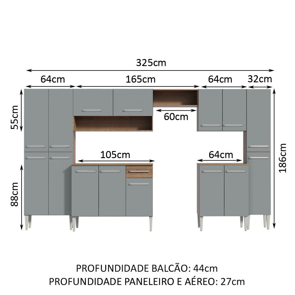 Armário de Cozinha Completa 325cm Cinza/Rustic Emilly Joy Madesa 01