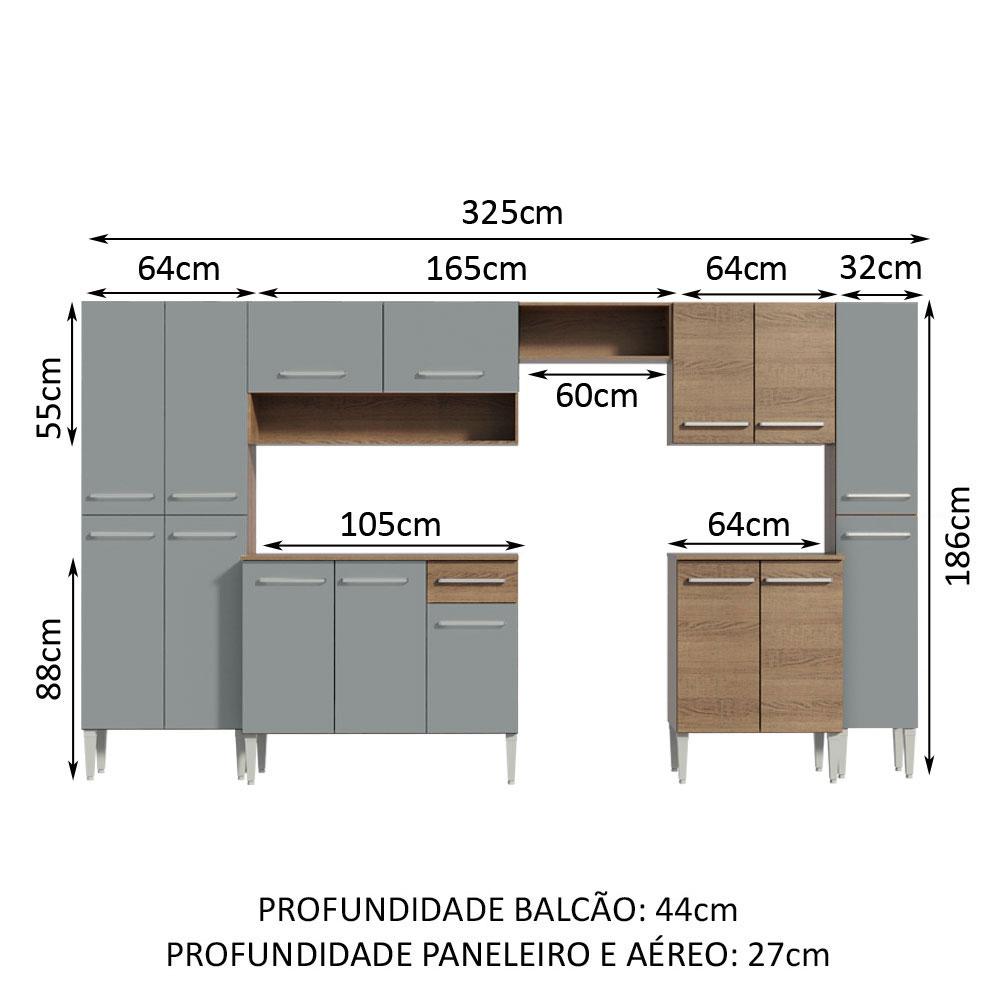 Armário de Cozinha Completa 325cm Rustic/Cinza Emilly Joy Madesa