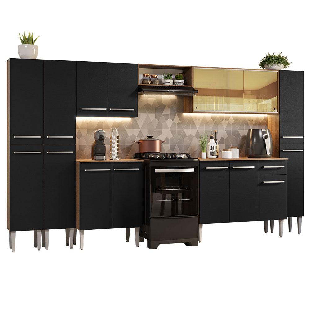 Armário de Cozinha Completa 325cm Rustic/Preto Emilly Madesa 04