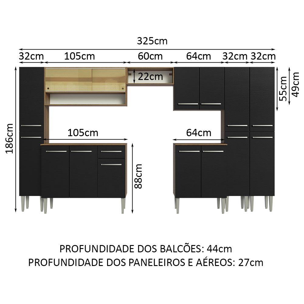 Armário de Cozinha Completa 325cm Rustic/Preto Emilly Madesa 05