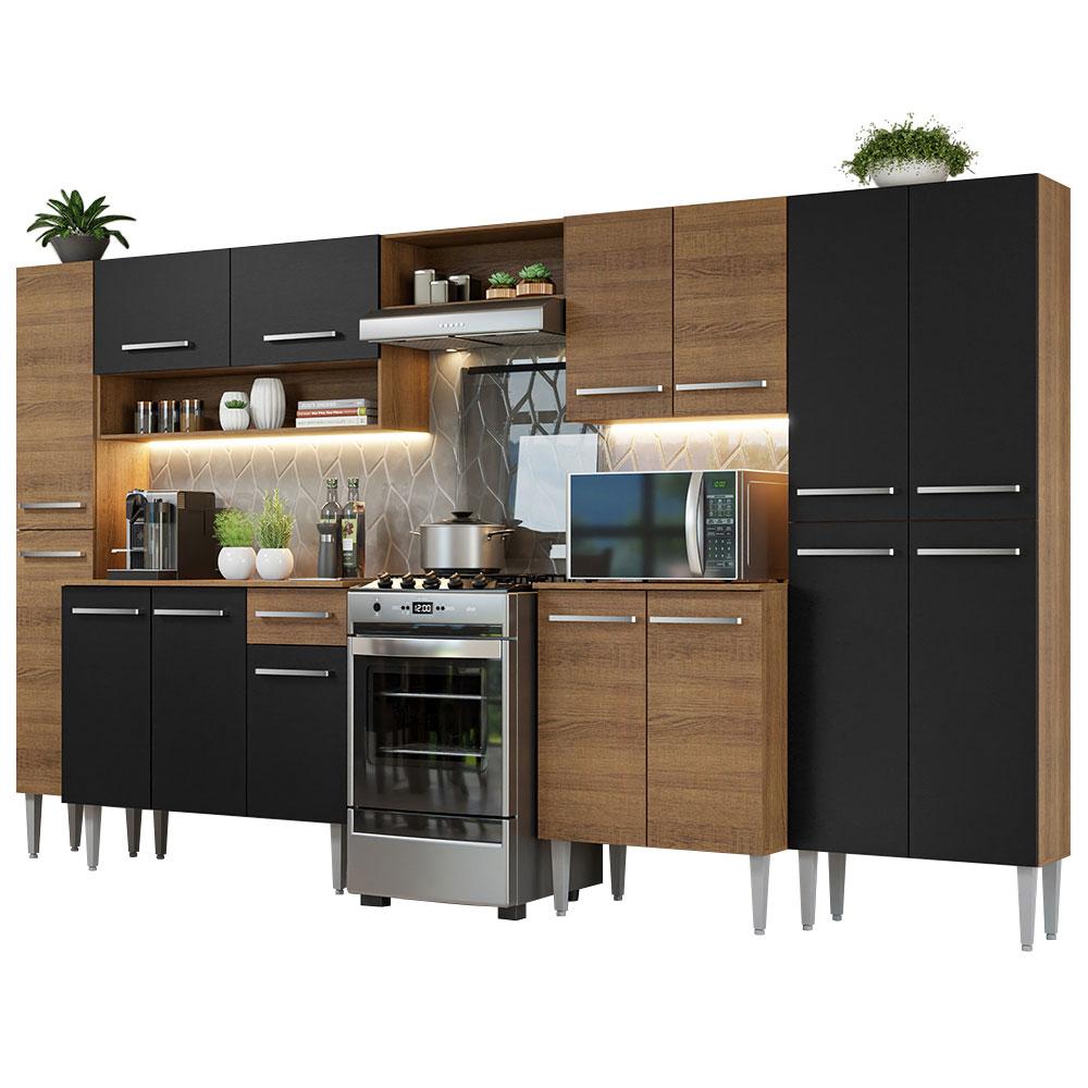 Armário de Cozinha Completa 325cm Rustic/Preto/Rustic Emilly Madesa 02