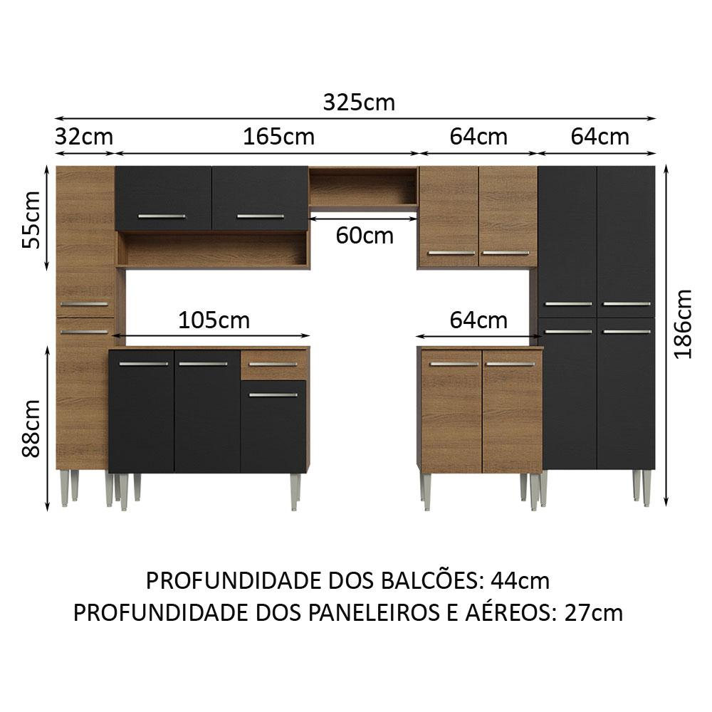 Armário de Cozinha Completa 325cm Rustic/Preto/Rustic Emilly Madesa 02