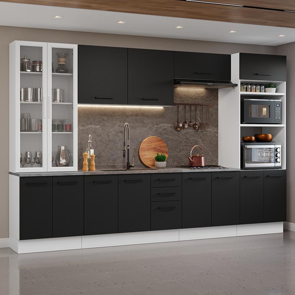 Armário de Cozinha Completa 340cm Branco/Preto Agata Madesa 01
