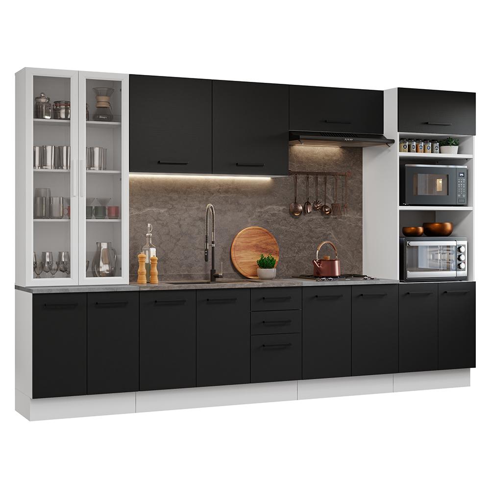 Armário de Cozinha Completa 340cm Branco/Preto Agata Madesa 01