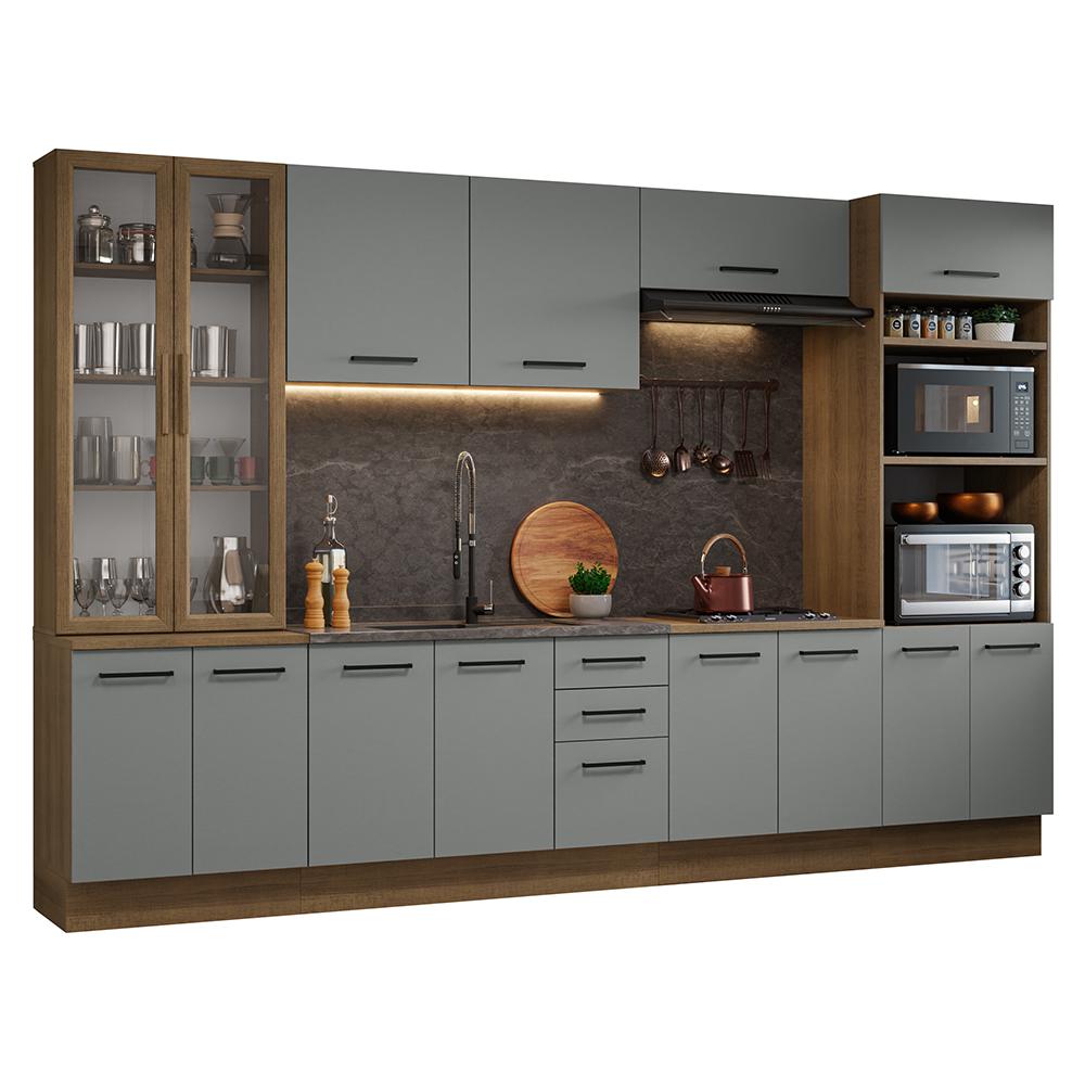 Armário de Cozinha Completa 340cm Rustic/Cinza Agata Madesa 01