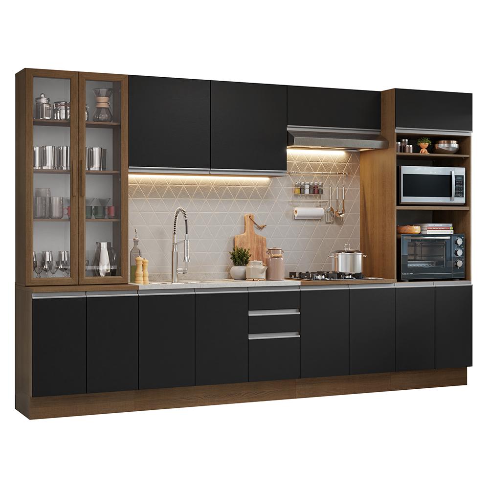 Armário de Cozinha Completa 340cm Rustic/Preto Glamy Madesa 01
