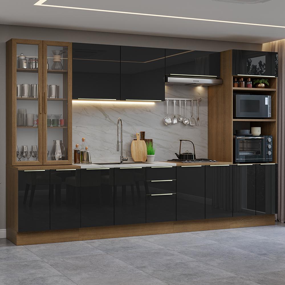 Armário de Cozinha Completa 340cm Rustic/Preto Lux Madesa 02
