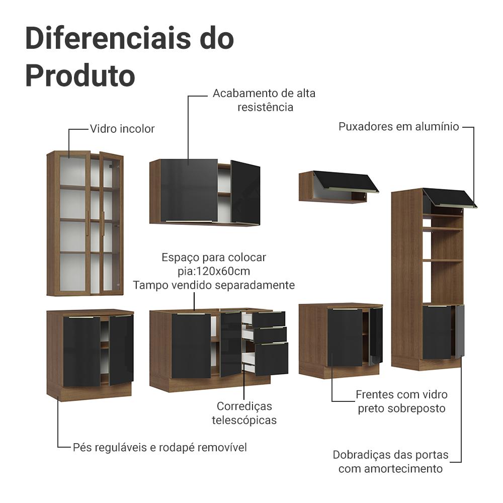 Armário de Cozinha Completa 340cm Rustic/Preto Lux Madesa 02