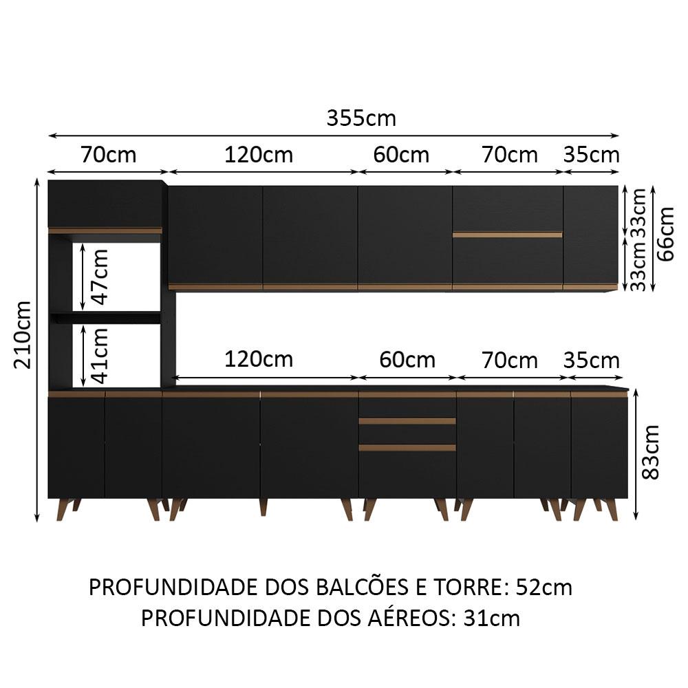 Armário de Cozinha Completa 355cm Preto Reims da Sabrina Madesa