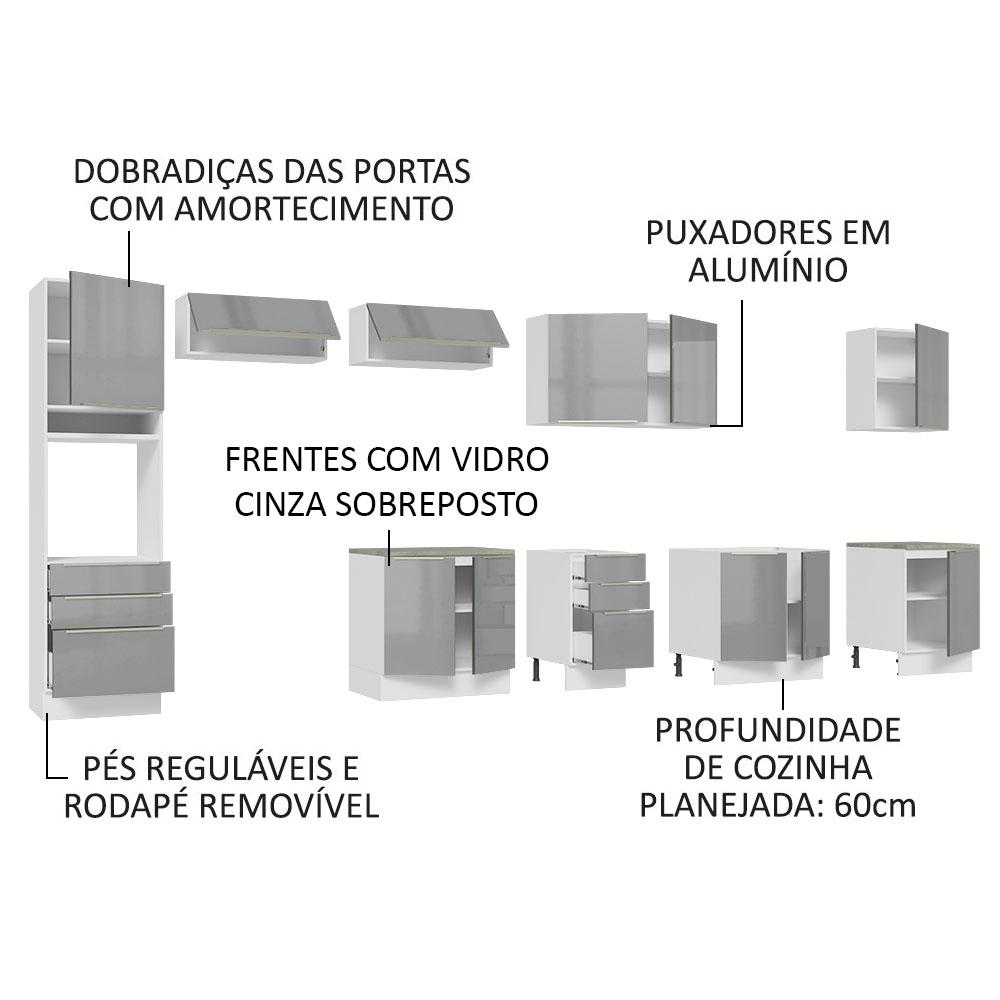 Armário de Cozinha Completa 400cm Branco/Cinza Lux da Thauane Madesa