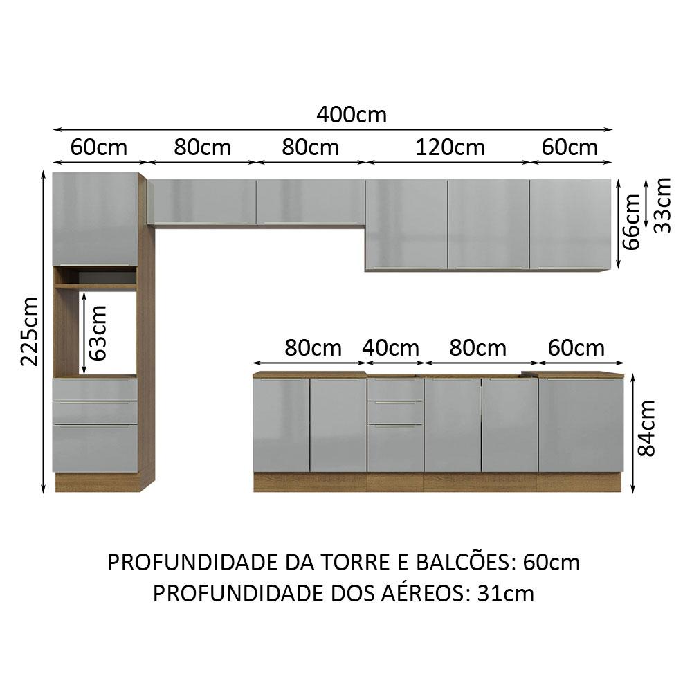 Armário de Cozinha Completa 400cm Rustic/Cinza Lux da Thauane Madesa