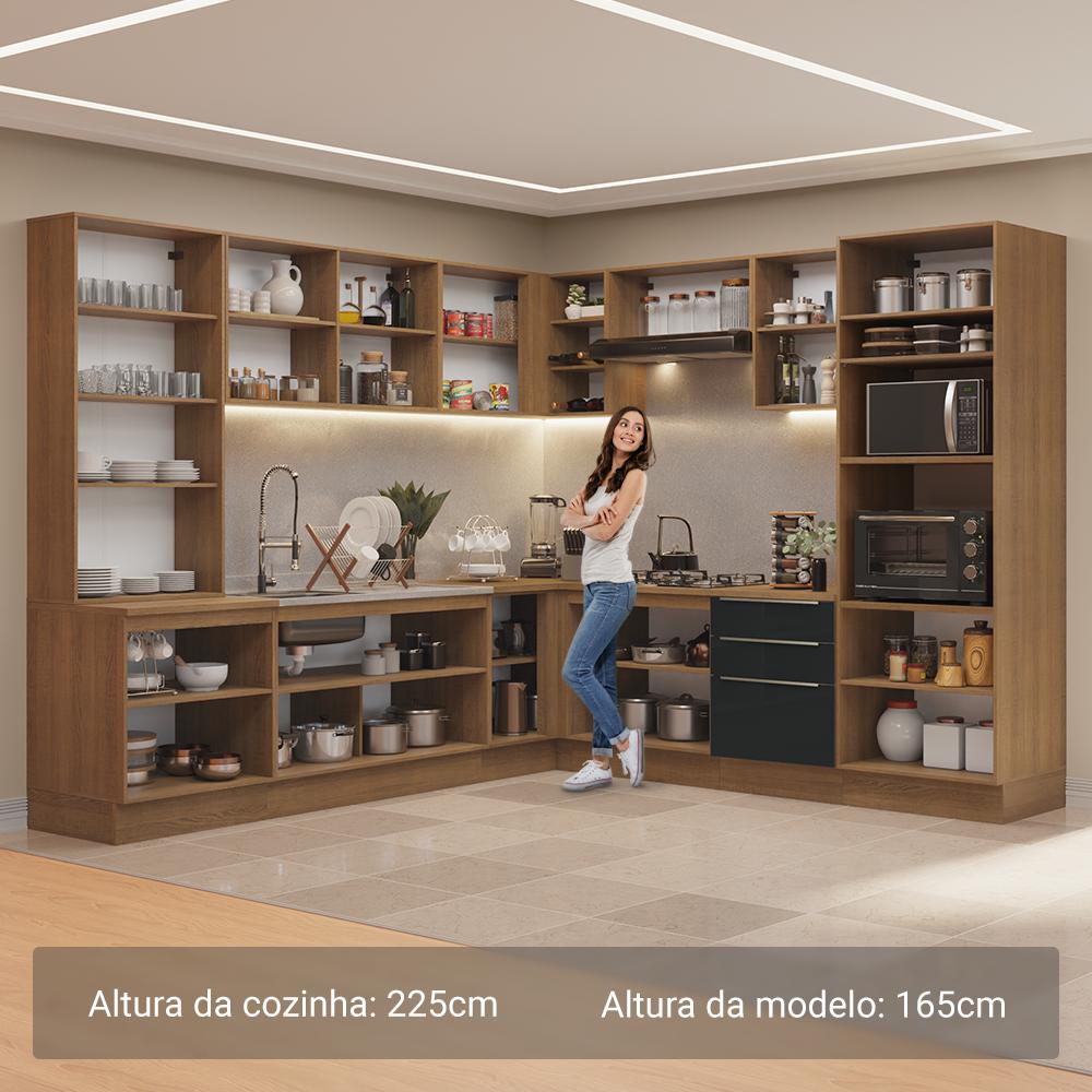 Armário de Cozinha Completa 566cm Rustic/Preto Lux Madesa 01