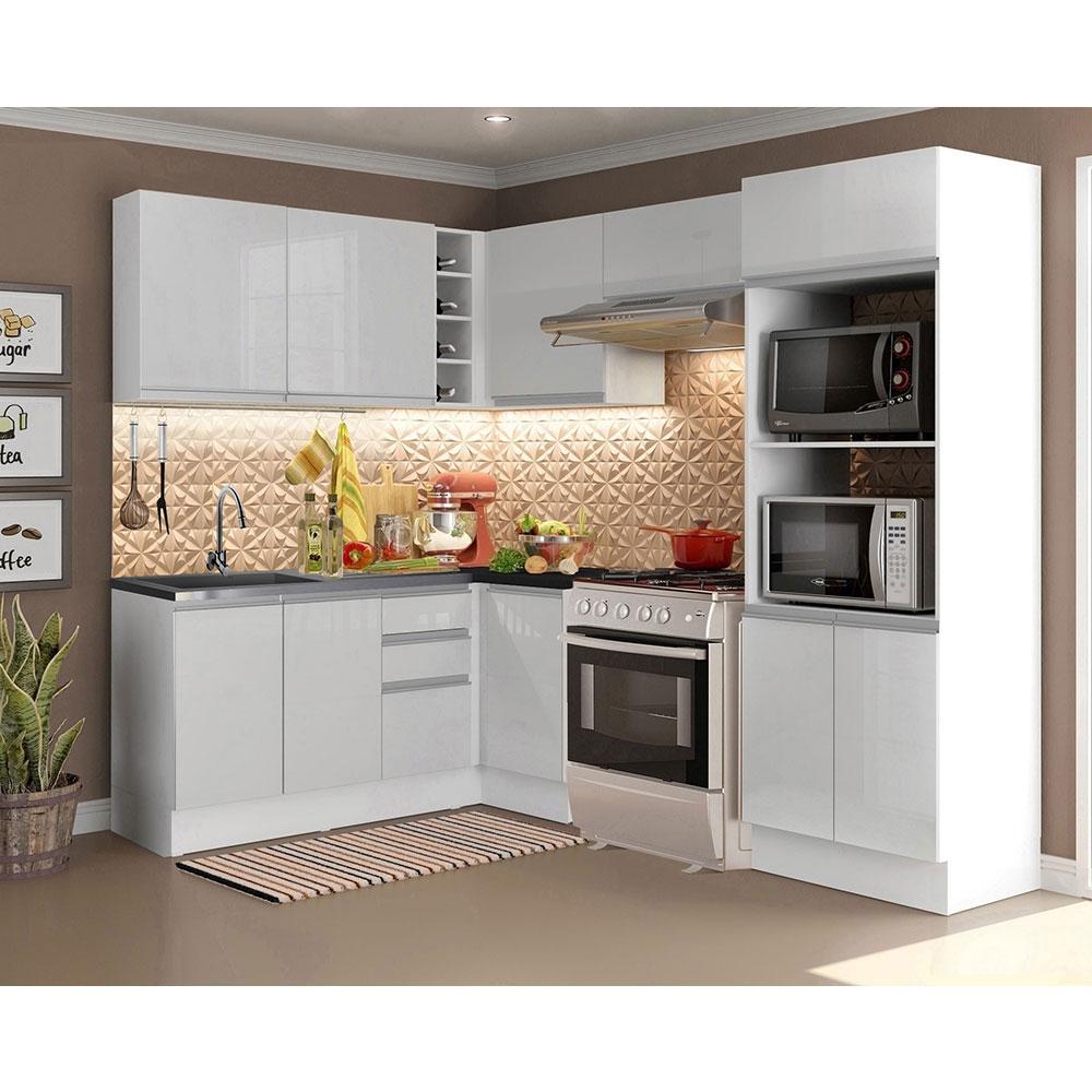 Armário de Cozinha Completa Canto 100% MDF Madesa Acordes XA419001 (Sem Tampo) Portas Branco Brilho