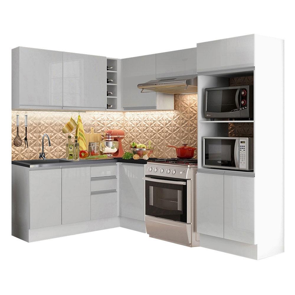 Armário de Cozinha Completa Canto 100% MDF Madesa Acordes XA419001 (Sem Tampo) Portas Branco Brilho