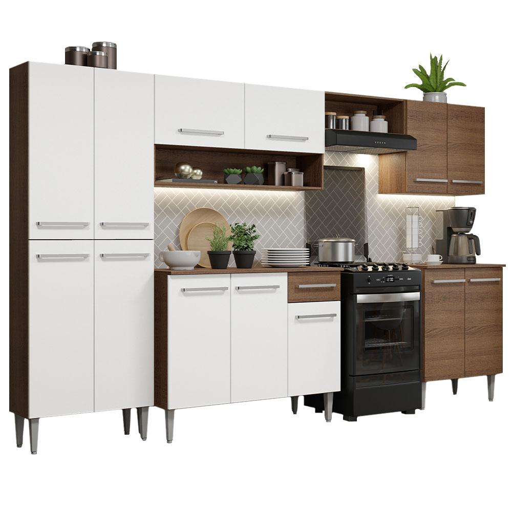 Armário de Cozinha Completa Madesa Emilly 293001 com Balcão e Paneleiro - Rustic/Branco
