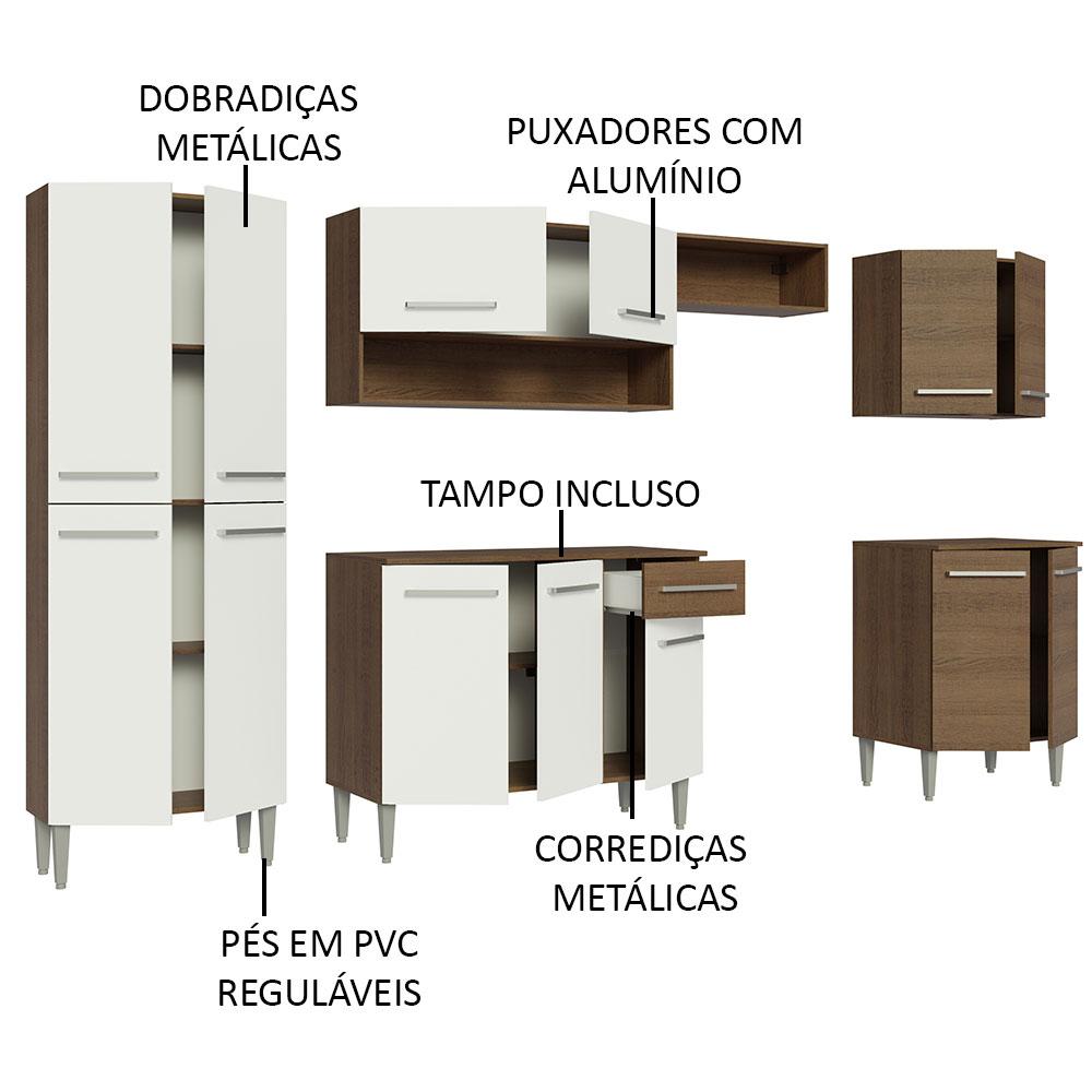 Armário de Cozinha Completa Madesa Emilly 293001 com Balcão e Paneleiro - Rustic/Branco