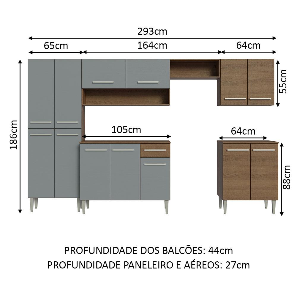 Armário de Cozinha Completa Madesa Emilly 293001 com Balcão e Paneleiro - Rustic/Cinza