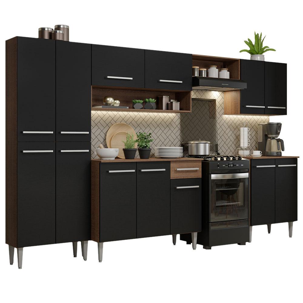 Armário de Cozinha Completa Madesa Emilly 293001 com Balcão e Paneleiro - Rustic/Preto