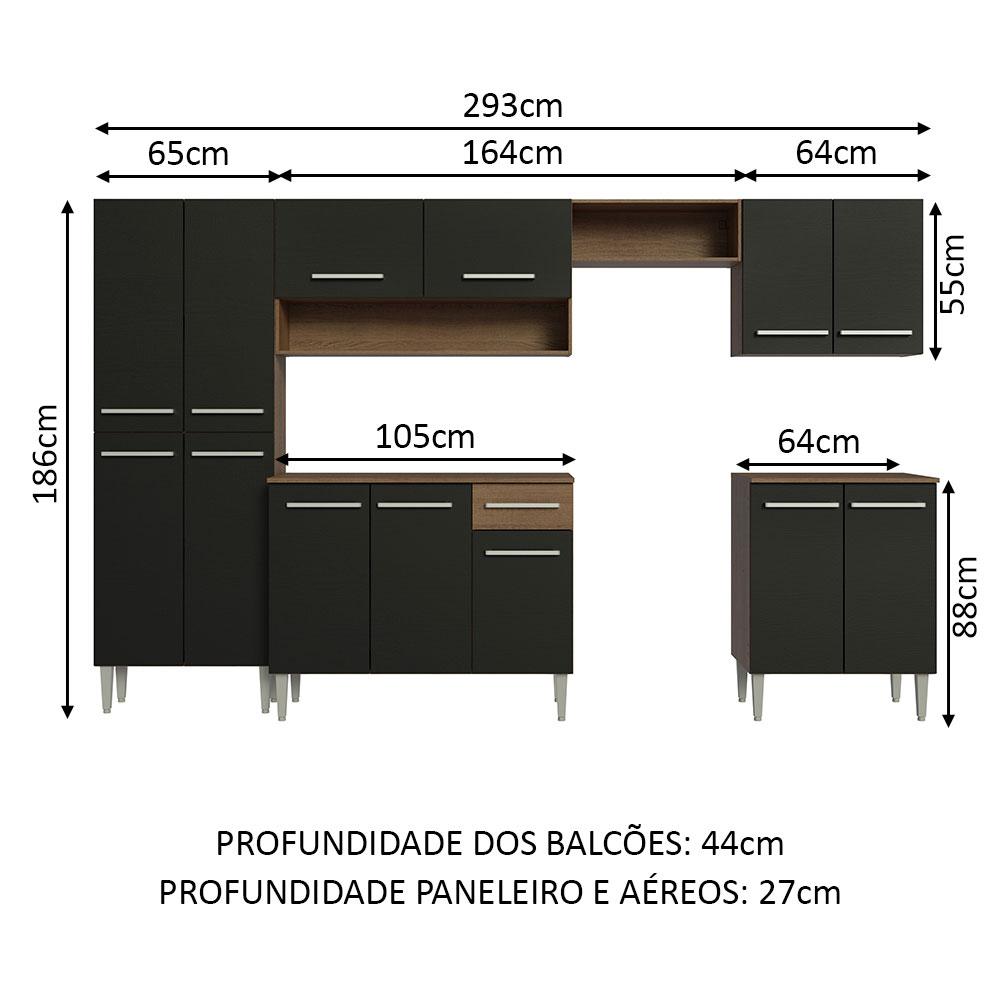 Armário de Cozinha Completa Madesa Emilly 293001 com Balcão e Paneleiro - Rustic/Preto