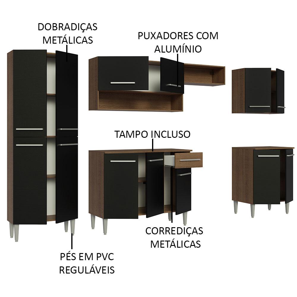 Armário de Cozinha Completa Madesa Emilly 293001 com Balcão e Paneleiro - Rustic/Preto