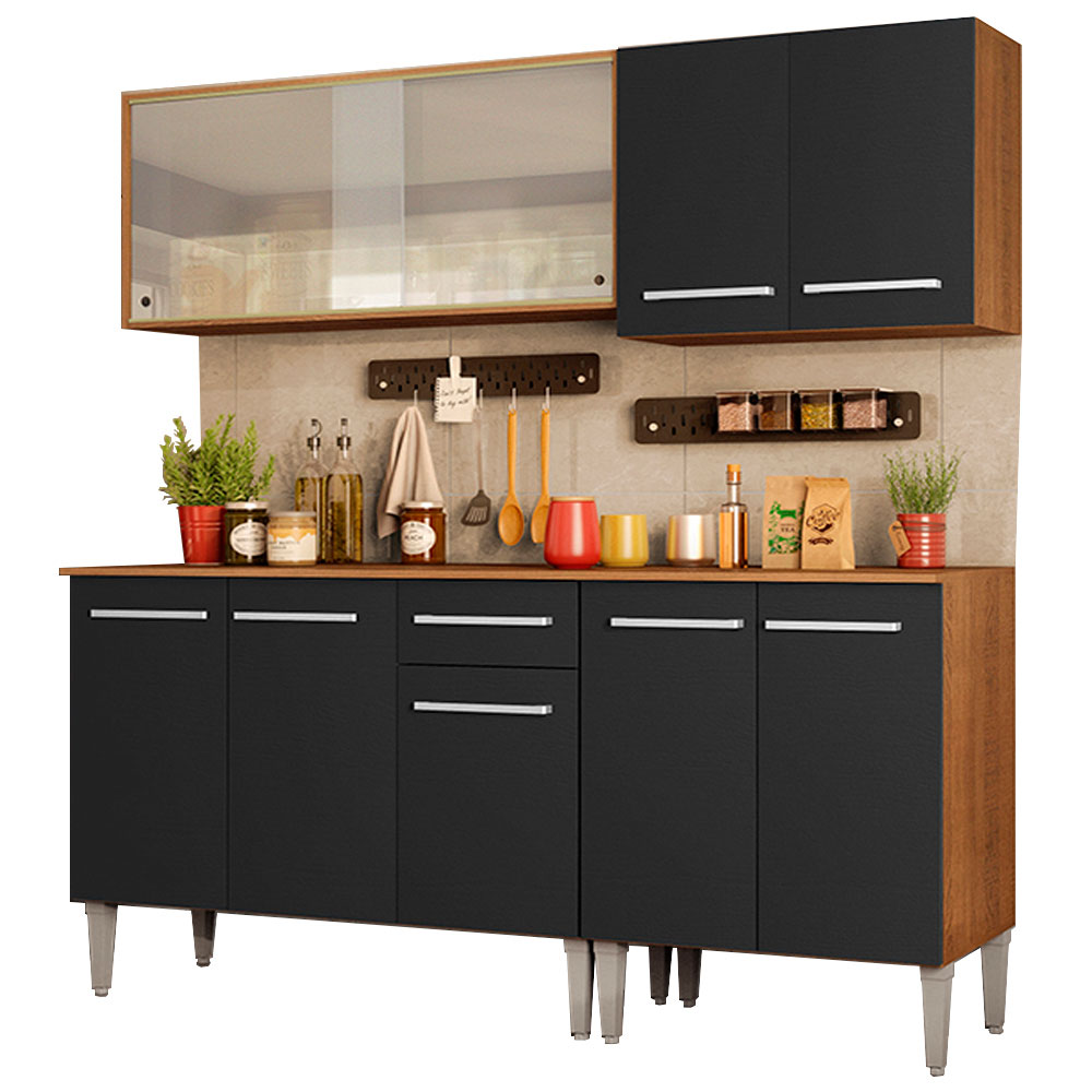 Armário de Cozinha Completa Madesa Emilly Box com Balcão e Aéreo Vidro - Rustic/Preto
