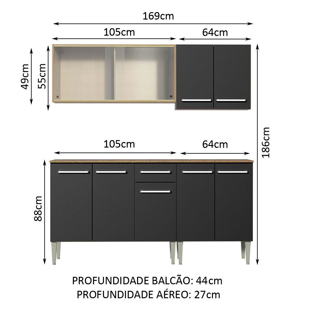 Armário de Cozinha Completa Madesa Emilly Box com Balcão e Aéreo Vidro - Rustic/Preto