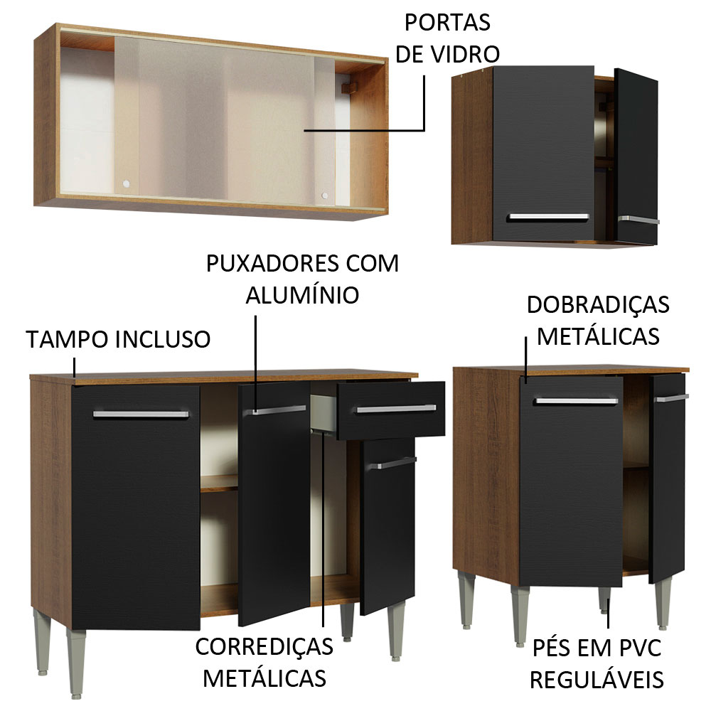 Armário de Cozinha Completa Madesa Emilly Box com Balcão e Aéreo Vidro - Rustic/Preto