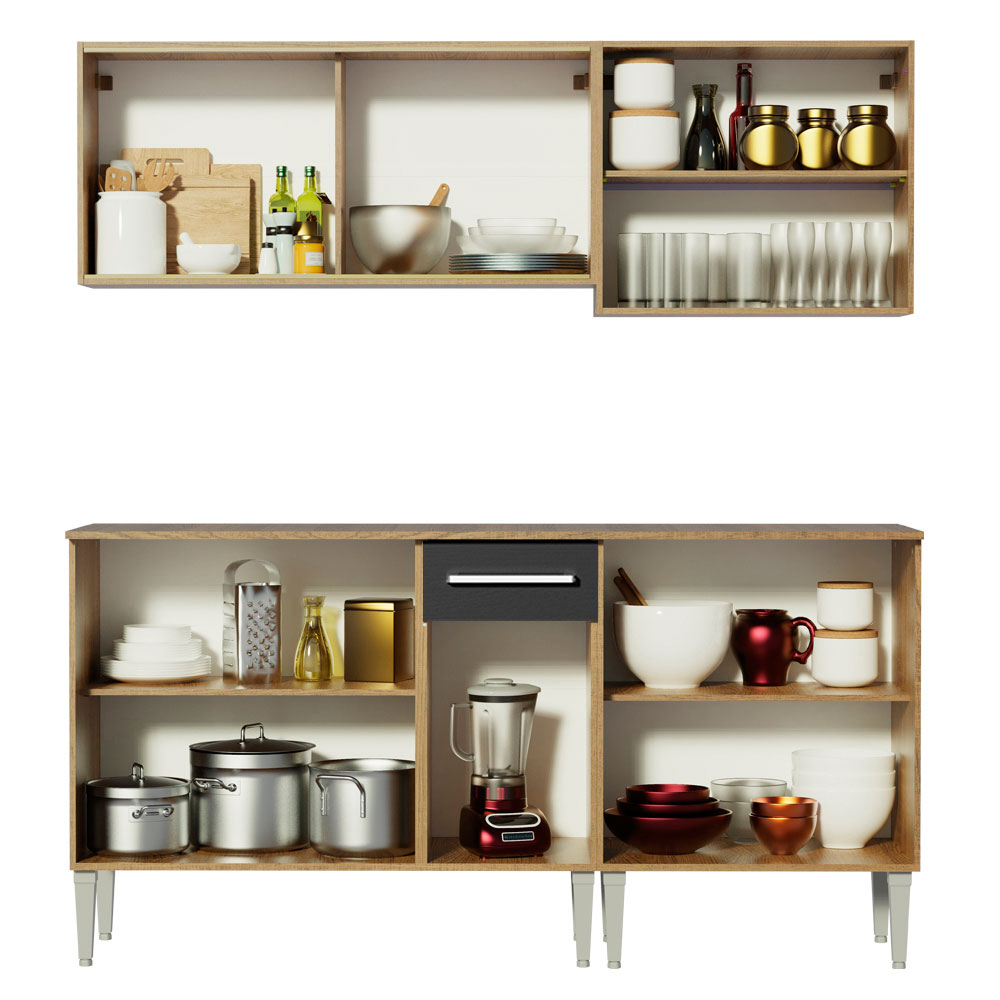 Armário de Cozinha Completa Madesa Emilly Box com Balcão e Aéreo Vidro - Rustic/Preto