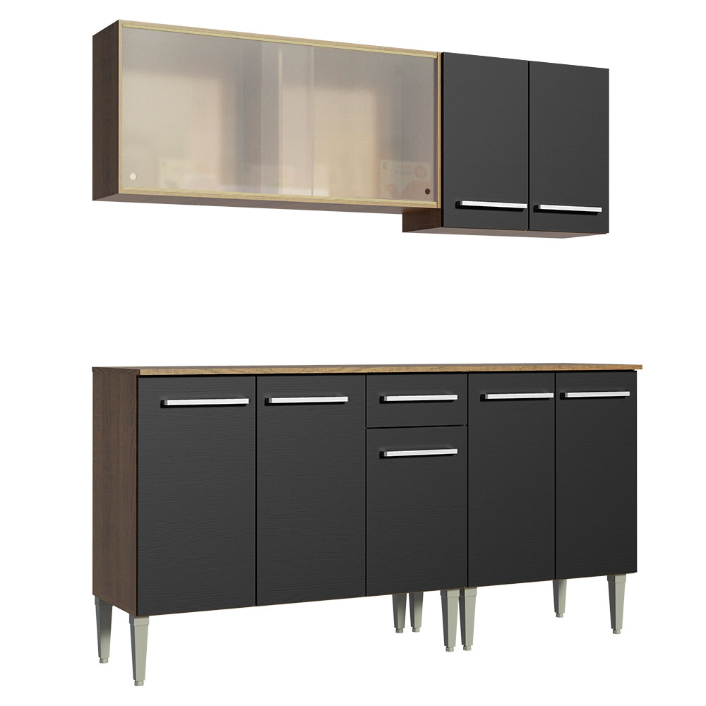 Armário de Cozinha Completa Madesa Emilly Box com Balcão e Aéreo Vidro - Rustic/Preto