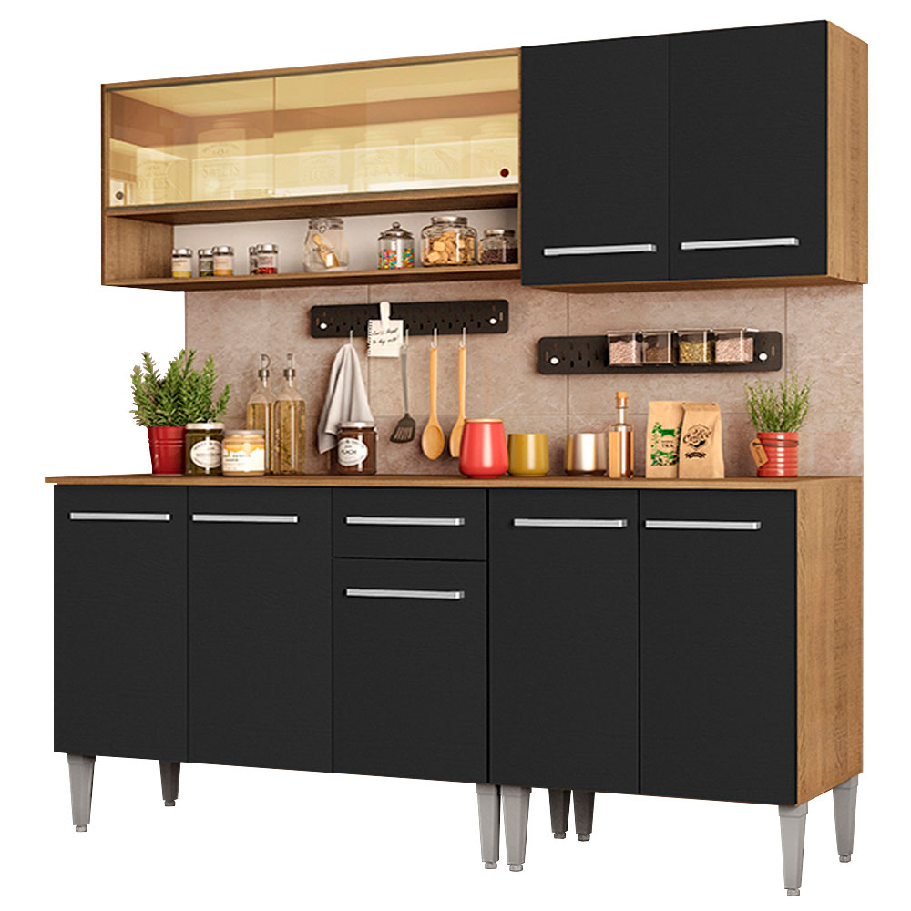 Armário de Cozinha Completa Madesa Emilly Dance com Balcão e Aéreo Vidro Reflex - Rustic/Preto