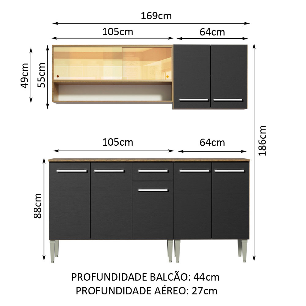 Armário de Cozinha Completa Madesa Emilly Dance com Balcão e Aéreo Vidro Reflex - Rustic/Preto