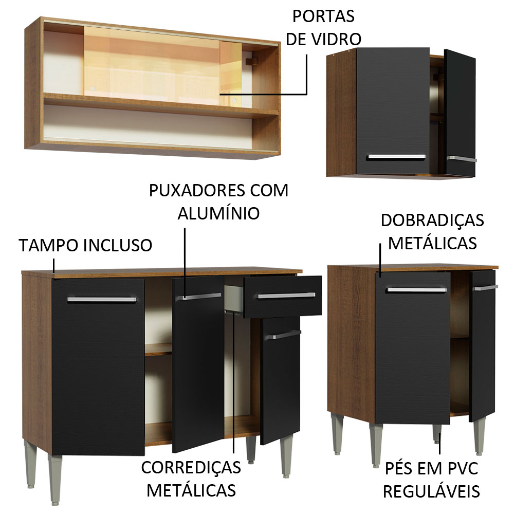 Armário de Cozinha Completa Madesa Emilly Dance com Balcão e Aéreo Vidro Reflex - Rustic/Preto