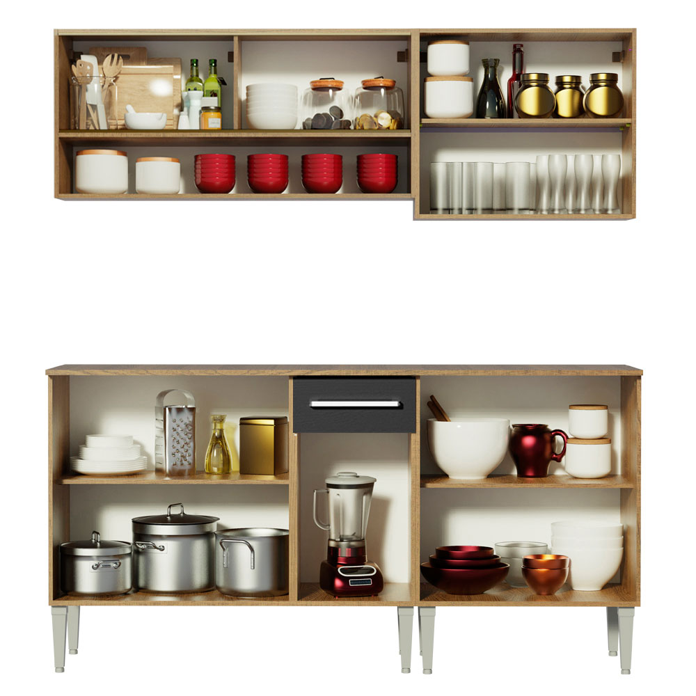 Armário de Cozinha Completa Madesa Emilly Dance com Balcão e Aéreo Vidro Reflex - Rustic/Preto
