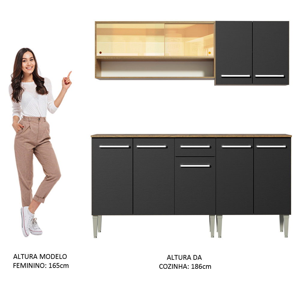 Armário de Cozinha Completa Madesa Emilly Dance com Balcão e Aéreo Vidro Reflex - Rustic/Preto