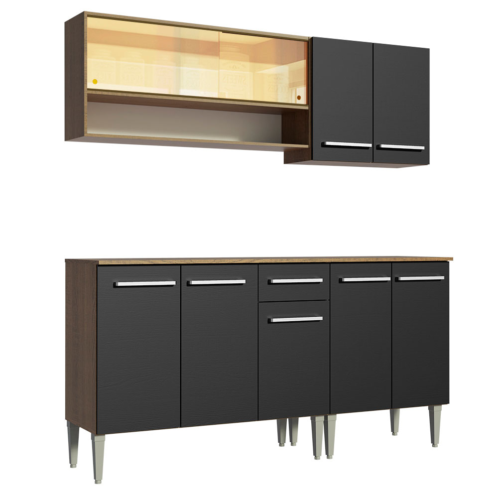 Armário de Cozinha Completa Madesa Emilly Dance com Balcão e Aéreo Vidro Reflex - Rustic/Preto