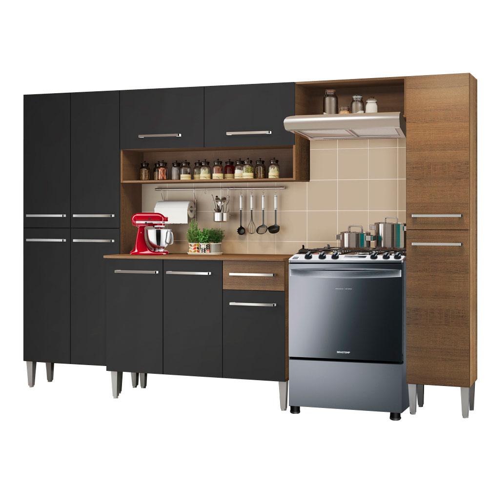 Armário de Cozinha Completa Madesa Emilly Hit com Balcão 11 Portas 1 Gaveta - Rustic/Preto