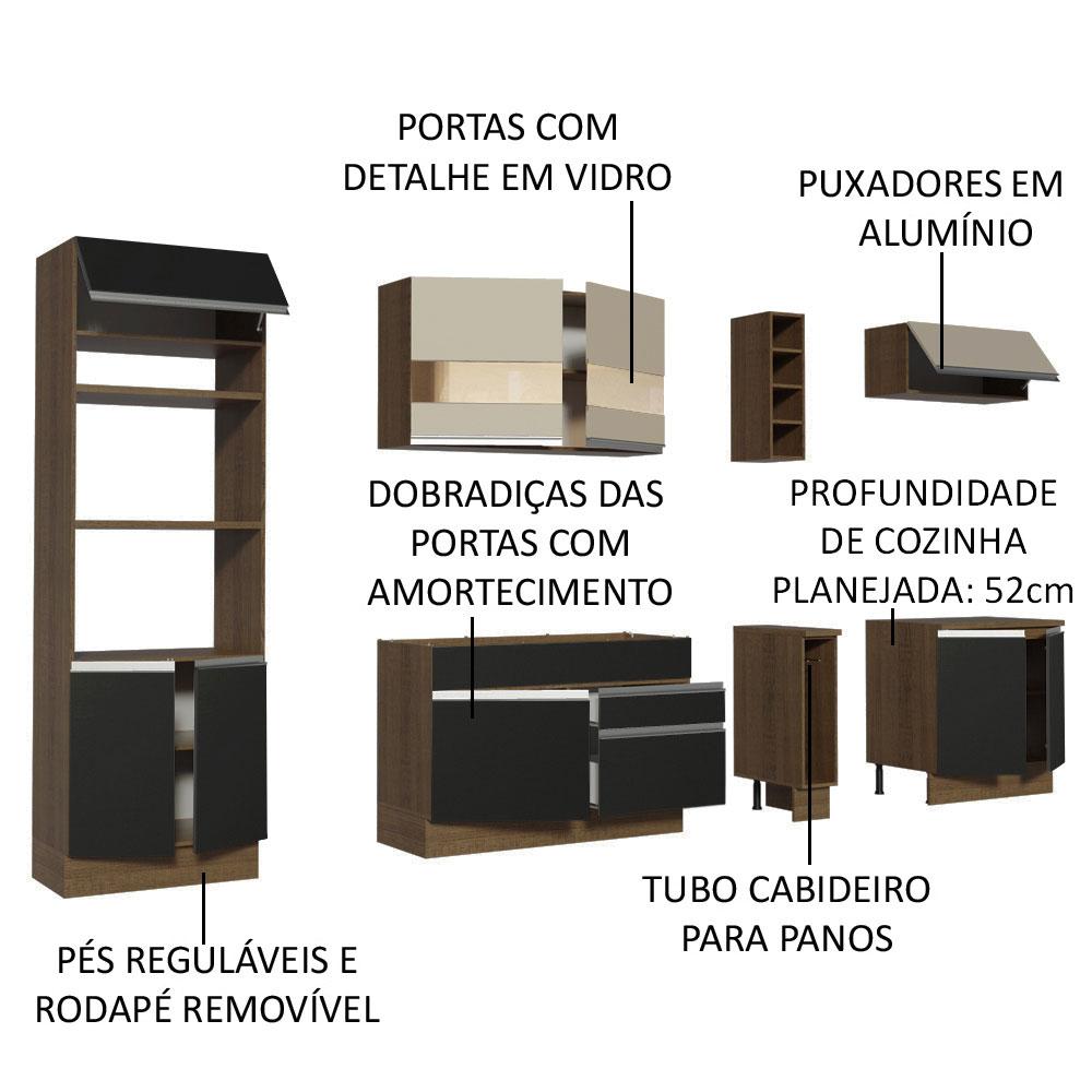 Armário de Cozinha Completa Madesa Vicenza com Balcão (Sem Tampo e Pia) - Rustic/Preto